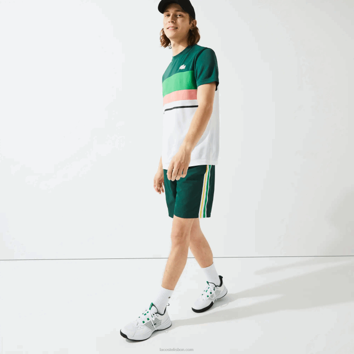 homens Lacoste verde amarelo branco 117 shorts leves de bandas de contraste esportivo 08D01362