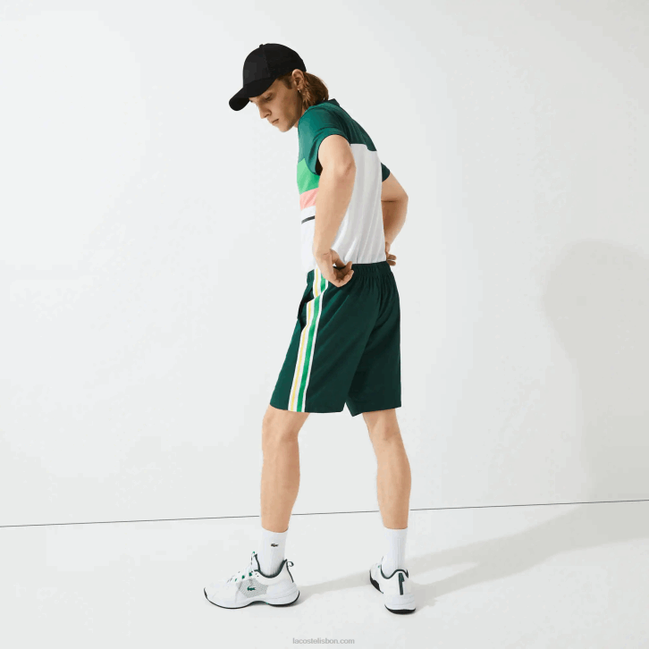 homens Lacoste verde amarelo branco 117 shorts leves de bandas de contraste esportivo 08D01362