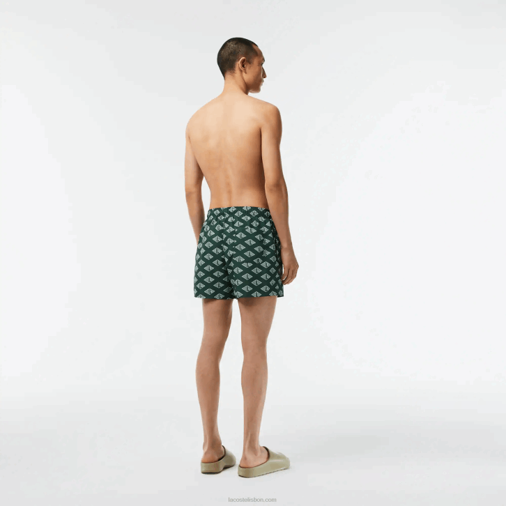 homens Lacoste verde branco ano sunga bicolor com estampa de monograma 08D0530