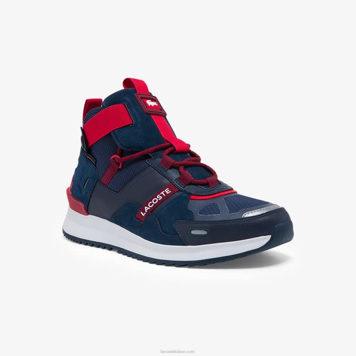 homens Lacoste azul marinho e vermelho 144 tênis run breaker em tecido e couro 08D01837