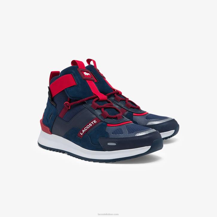 homens Lacoste azul marinho e vermelho 144 tênis run breaker em tecido e couro 08D01837