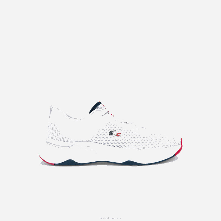 homens Lacoste branco/marinho e vermelho 407 tênis de tecido texturizado para quadras 08D01861