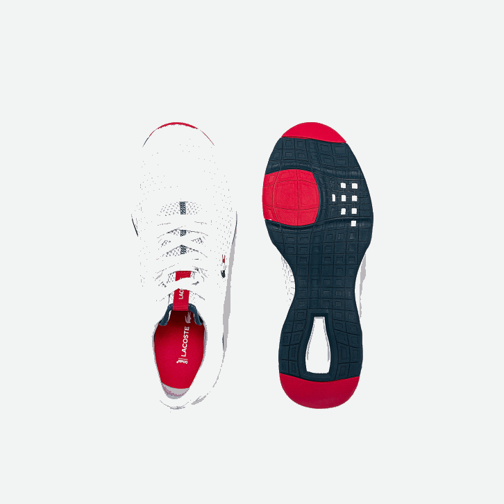 homens Lacoste branco/marinho e vermelho 407 tênis de tecido texturizado para quadras 08D01861