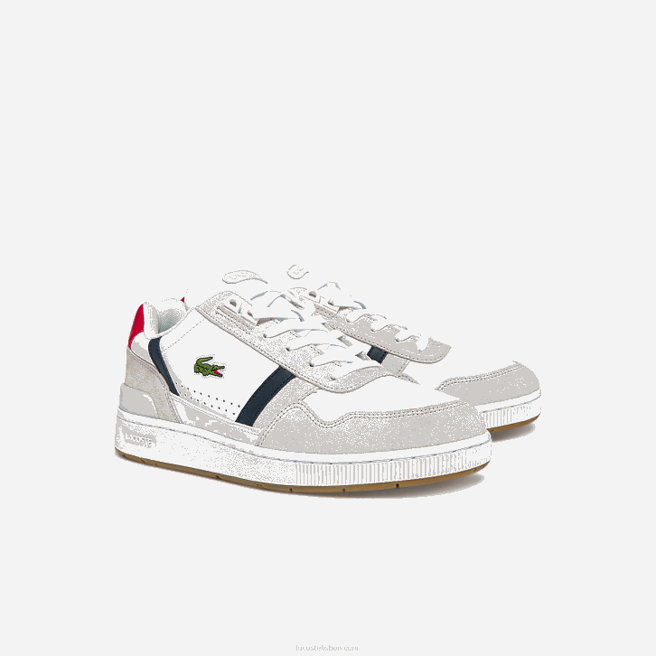homens Lacoste branco/marinho e vermelho 407 tênis tricolor couro e camurça t-clip 08D01836