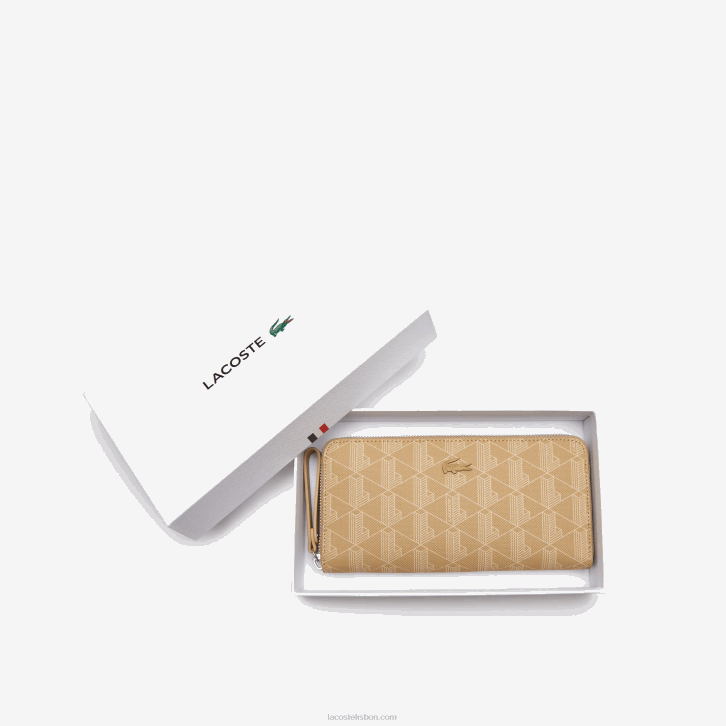 mulheres Lacoste viennois bege l01 carteira com zíper e estampa de monograma 08D02773