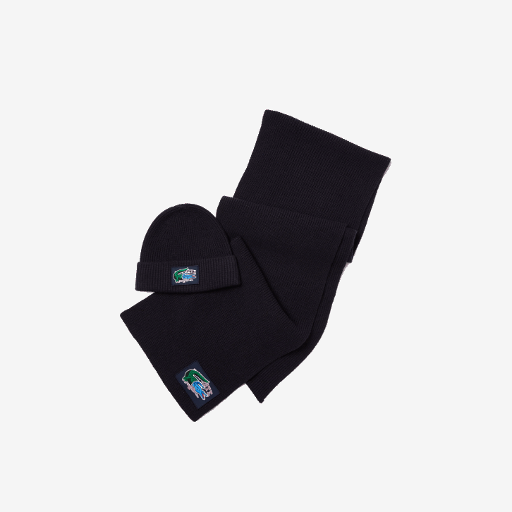 mulheres Lacoste azul marinho 166 Conjunto de gorro e cachecol de lã com nervuras 08D01691