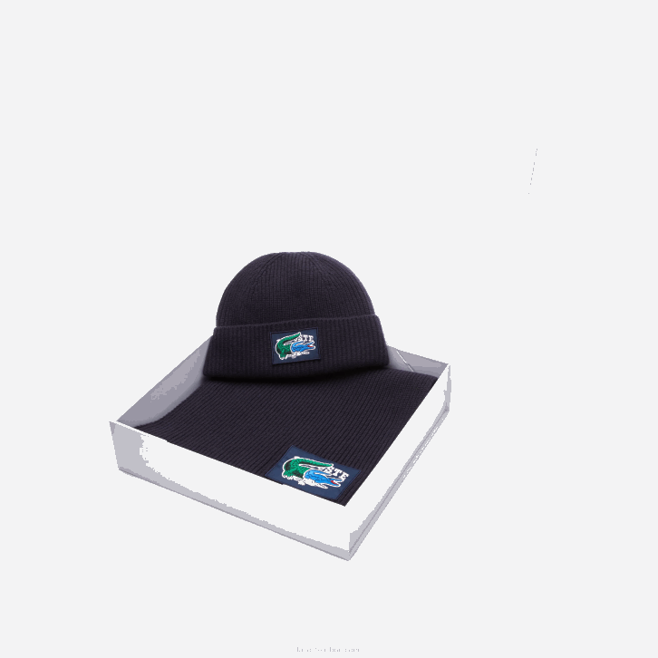 mulheres Lacoste azul marinho 166 Conjunto de gorro e cachecol de lã com nervuras 08D01691