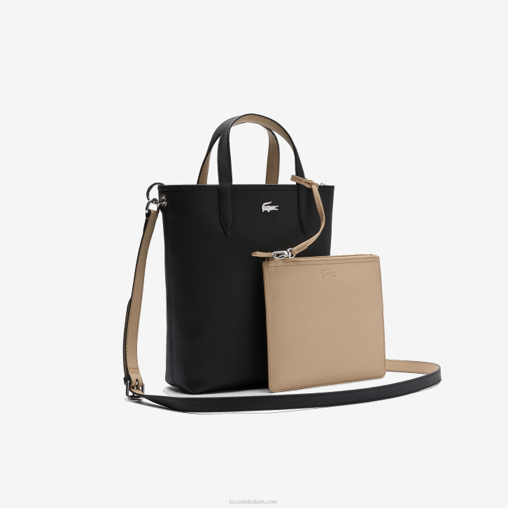 mulheres Lacoste noir krema a91 bolsa tote reversível de lona revestida anna 08D02830