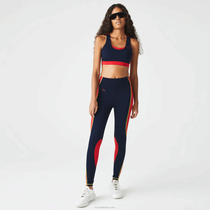 mulheres Lacoste azul marinho vermelho 4xh leggings esportivas color block com efeito de malha 08D02532