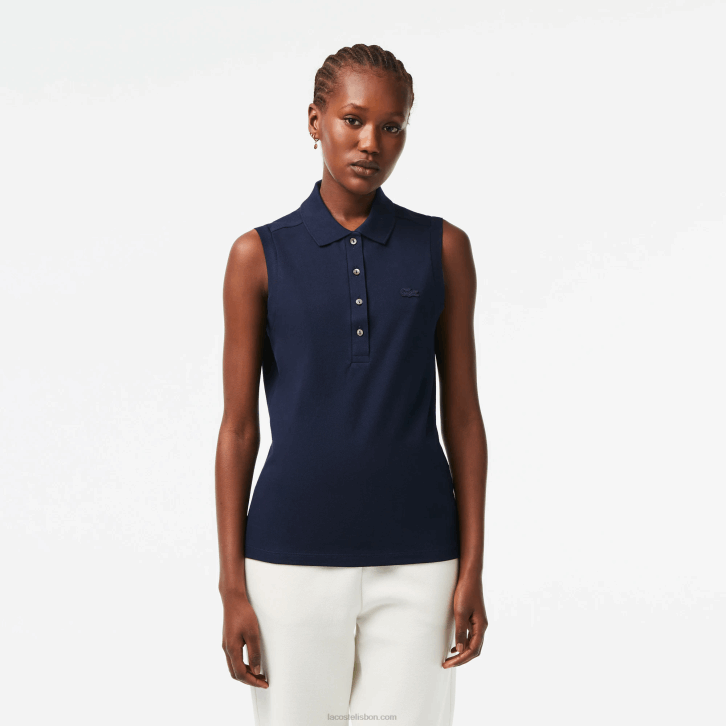 mulheres Lacoste azul marinho 166 camisa polo piquê de algodão sem mangas slim fit 08D02498