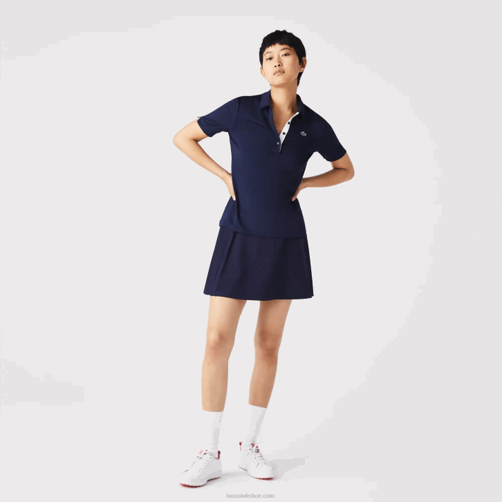 mulheres Lacoste azul marinho branco 525 pólo de golfe elástico respirável esportivo 08D02487