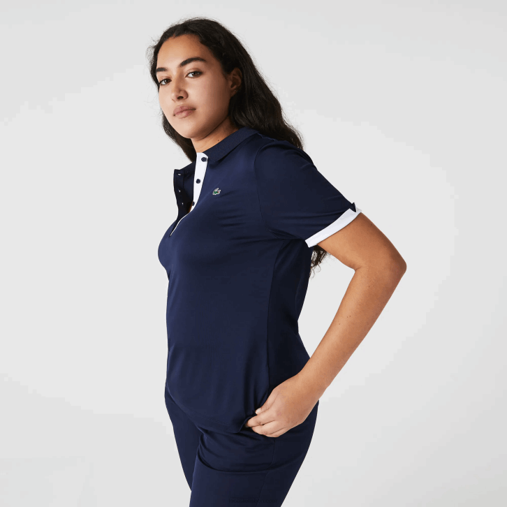mulheres Lacoste azul marinho branco 525 pólo de golfe elástico respirável esportivo 08D02487