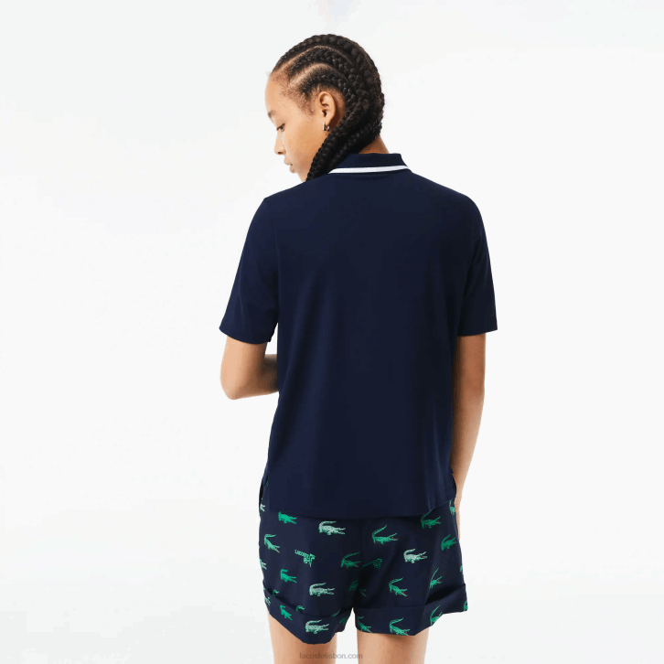 mulheres Lacoste azul marinho branco 525 polo ultra seco de golfe solto 08D02359