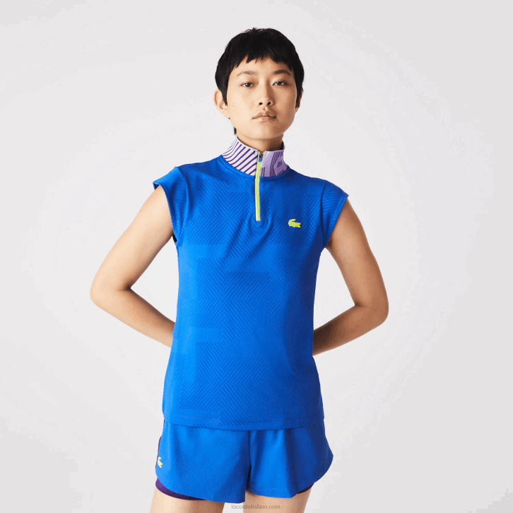 mulheres Lacoste azul roxo amarelo 2g4 polo de tênis gola alta com zíper esportivo 08D02501