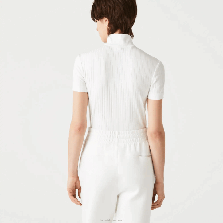 mulheres Lacoste branco 70v polo canelado slim fit gola alta com zíper 08D02524