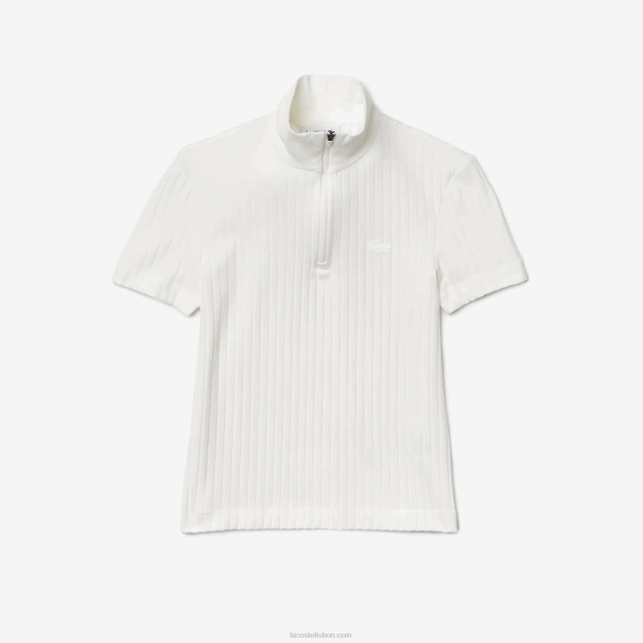 mulheres Lacoste branco 70v polo canelado slim fit gola alta com zíper 08D02524