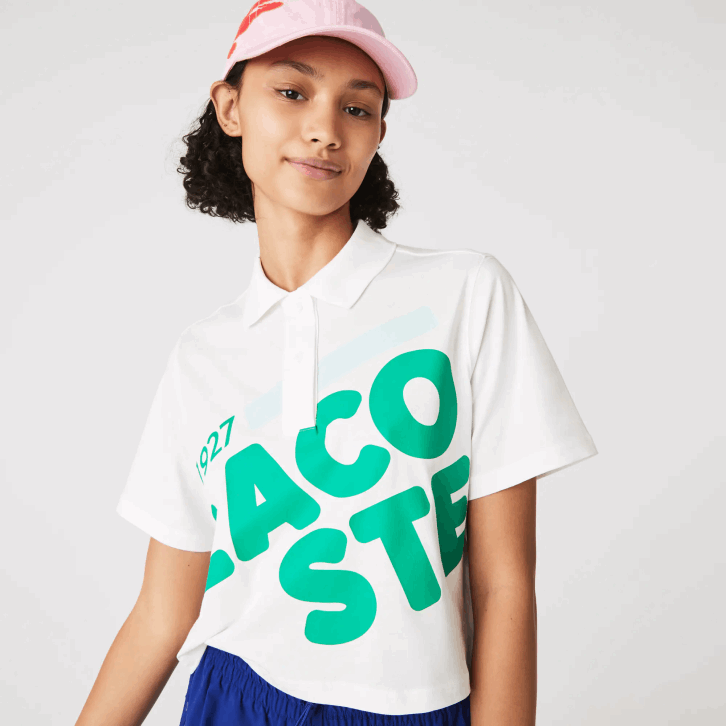 mulheres Lacoste branco 70v polo de algodão orgânico com estampa curta folgada 08D02525