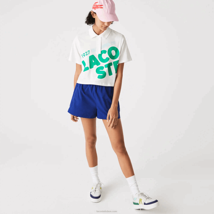 mulheres Lacoste branco 70v polo de algodão orgânico com estampa curta folgada 08D02525