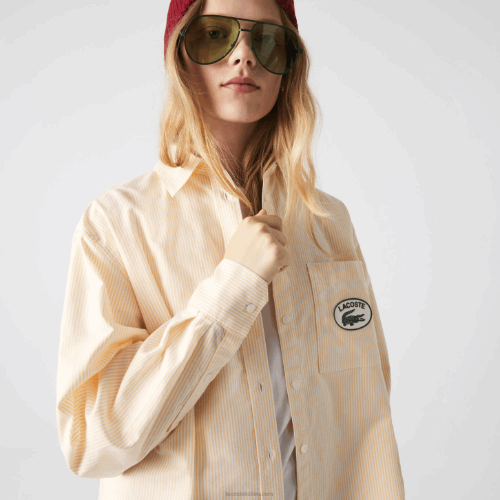 mulheres Lacoste amarelo branco hhf camisa oversized de algodão oxford 08D02651
