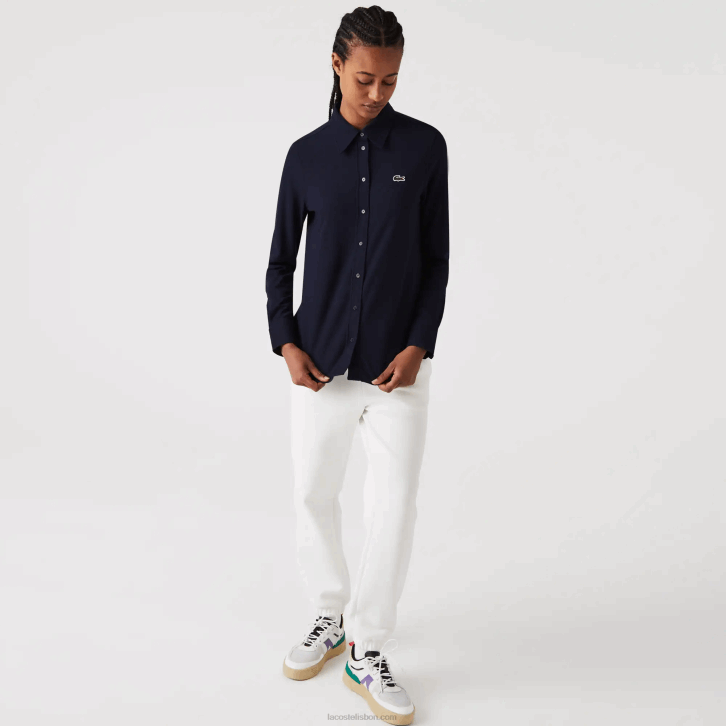 mulheres Lacoste azul marinho 166 camisa piquê de algodão gola francesa 08D02649