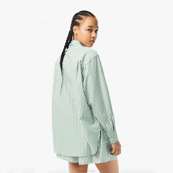 mulheres Lacoste branco caqui verde vi4 camisa listrada de popeline de algodão 08D02448