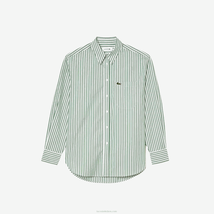 mulheres Lacoste branco caqui verde vi4 camisa listrada de popeline de algodão 08D02448