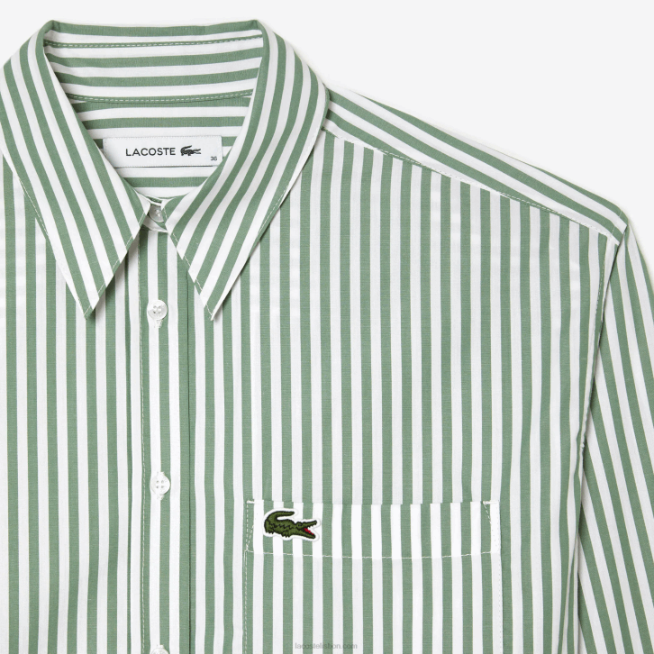 mulheres Lacoste branco caqui verde vi4 camisa listrada de popeline de algodão 08D02448