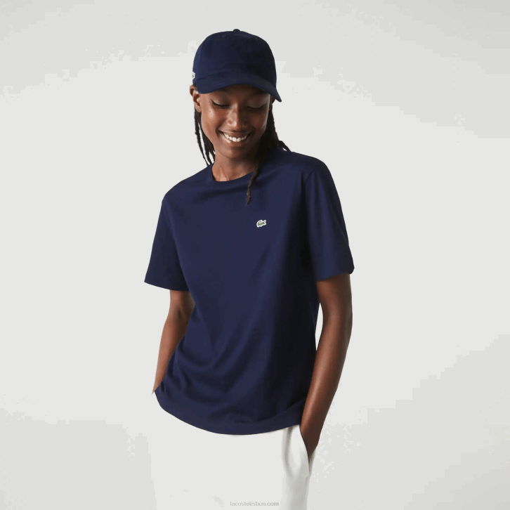 mulheres Lacoste azul marinho 166 camiseta de algodão premium com gola redonda 08D02589