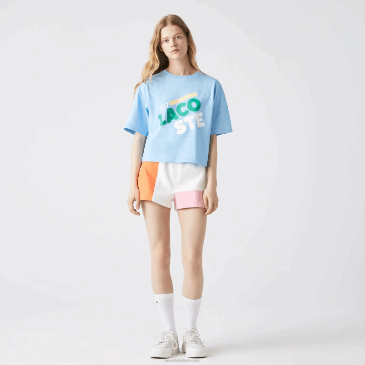mulheres Lacoste hbp azul camiseta curta de algodão orgânico malhada solta 08D02611