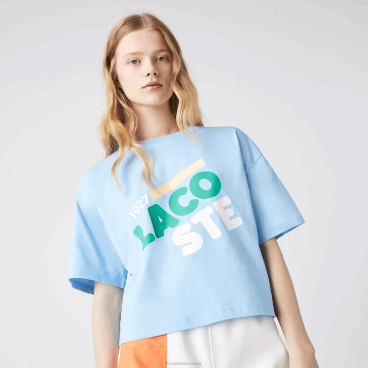 mulheres Lacoste hbp azul camiseta curta de algodão orgânico malhada solta 08D02611