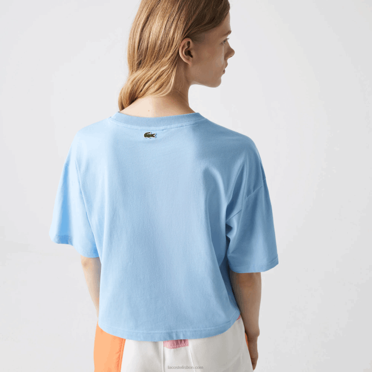 mulheres Lacoste hbp azul camiseta curta de algodão orgânico malhada solta 08D02611