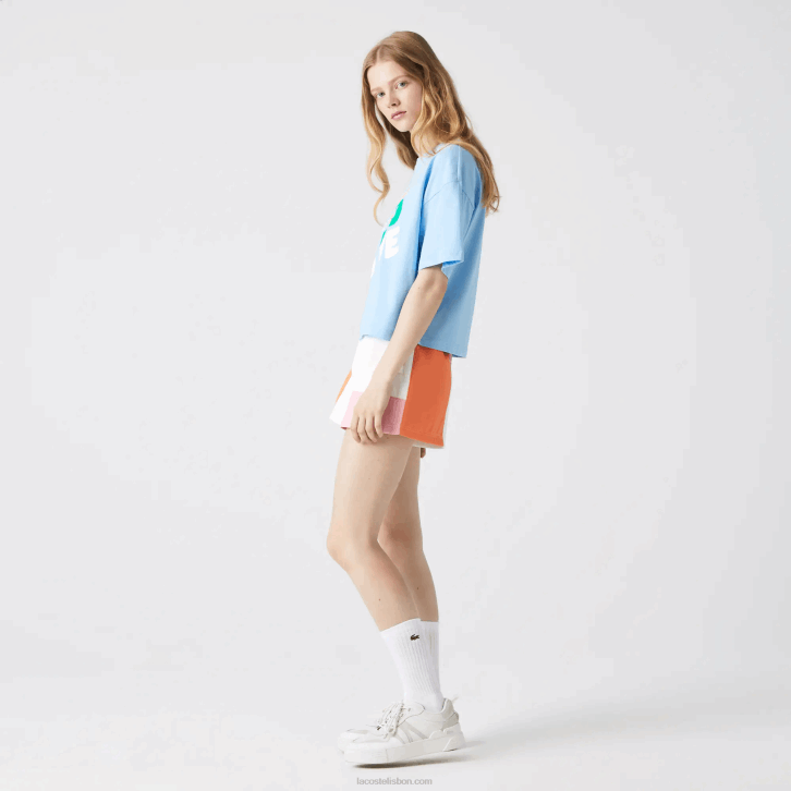 mulheres Lacoste hbp azul camiseta curta de algodão orgânico malhada solta 08D02611