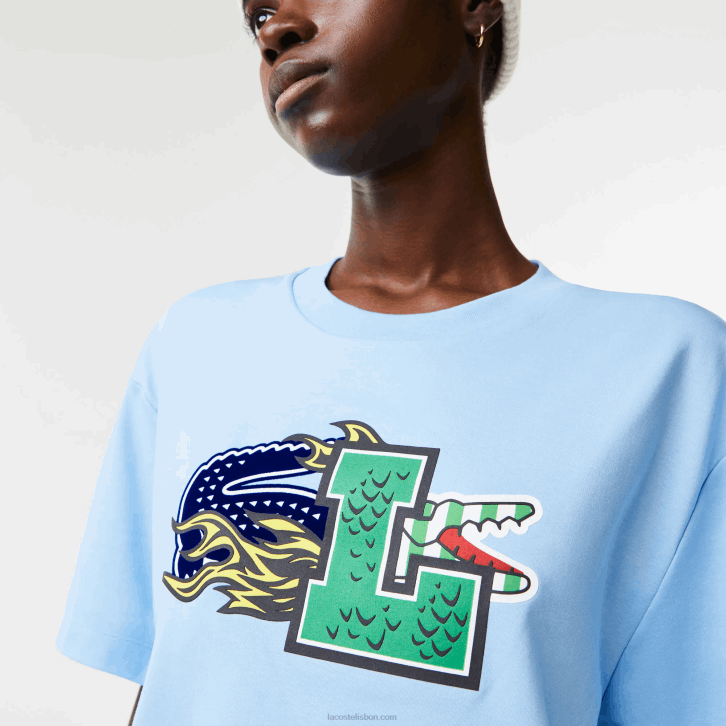 mulheres Lacoste hbp azul camiseta oversized de algodão orgânico 08D02568
