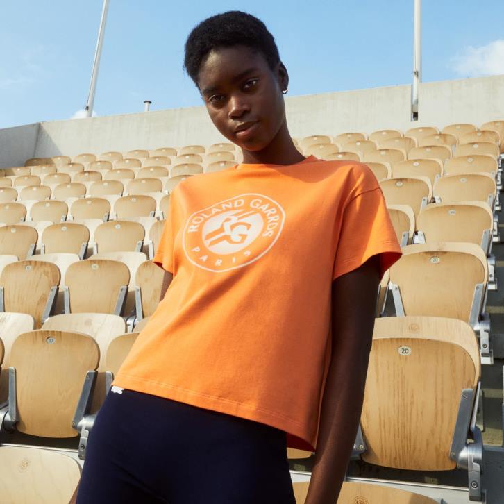 mulheres Lacoste laranja branco fnf camiseta esporte roland garros folgada 08D02604