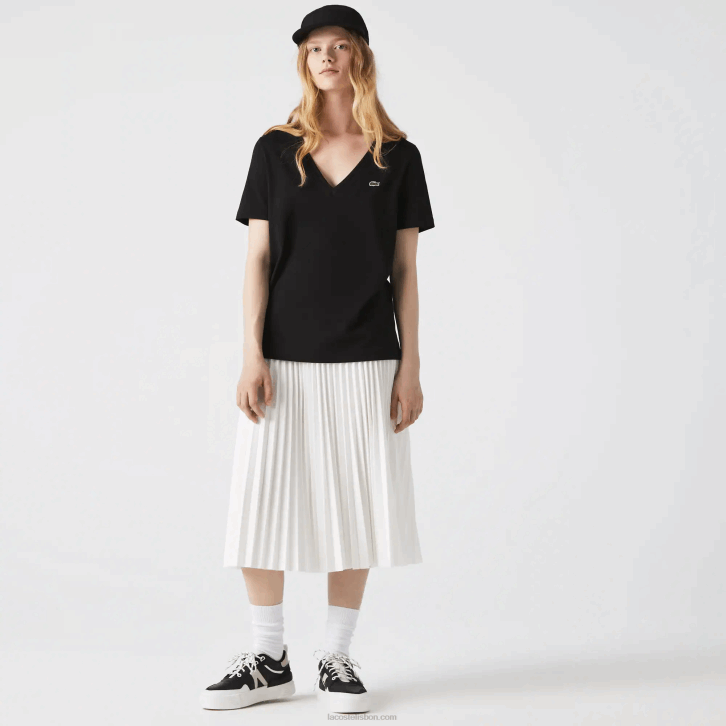 mulheres Lacoste preto 031 camiseta de algodão folgada com decote v 08D02606