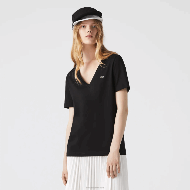 mulheres Lacoste preto 031 camiseta de algodão folgada com decote v 08D02606
