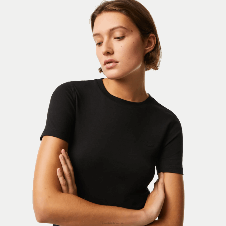 mulheres Lacoste preto 031 camiseta gola redonda mistura de algodão 08D02566
