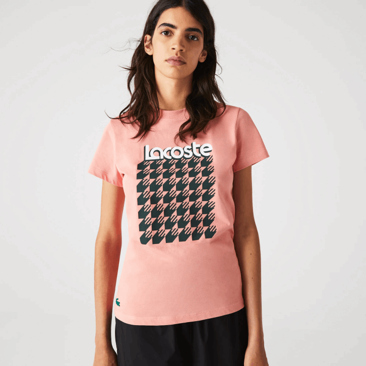 mulheres Lacoste rosa branco verde qzc camiseta esportiva respirável com padrão houndstooth 08D02596