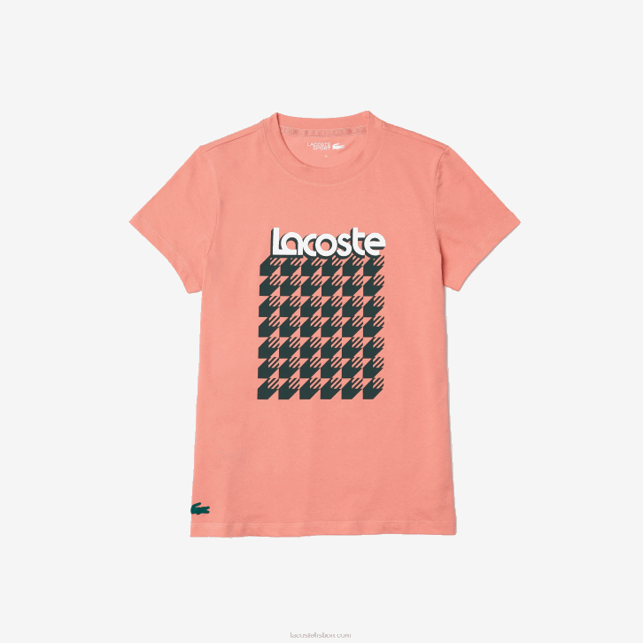 mulheres Lacoste rosa branco verde qzc camiseta esportiva respirável com padrão houndstooth 08D02596