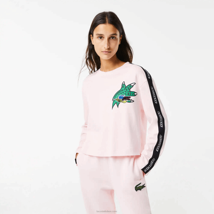 mulheres Lacoste rosa claro t03 camiseta de banda estampada folgada 08D02570