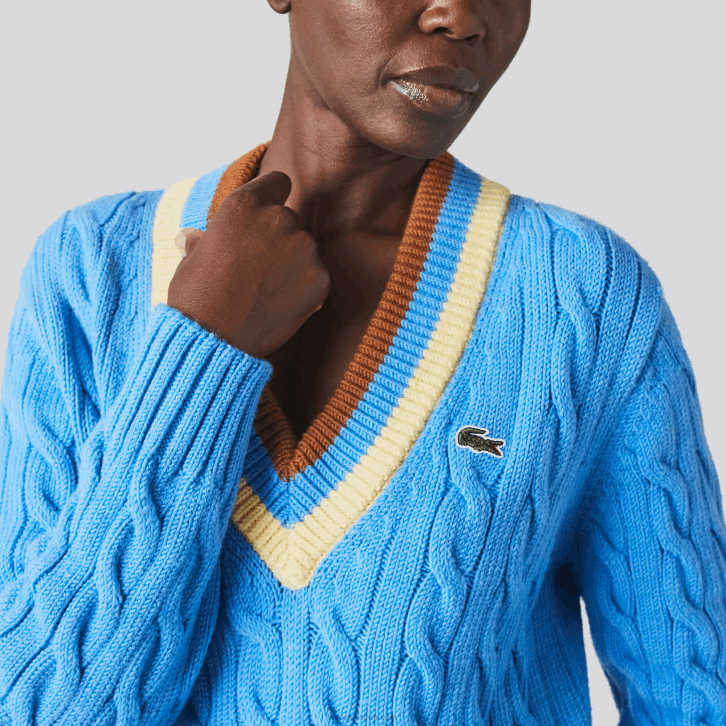 mulheres Lacoste azul amarelo marrom 060 suéter de lã com decote em V 08D02636