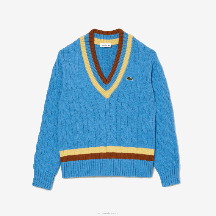 mulheres Lacoste azul amarelo marrom 060 suéter de lã com decote em V 08D02636