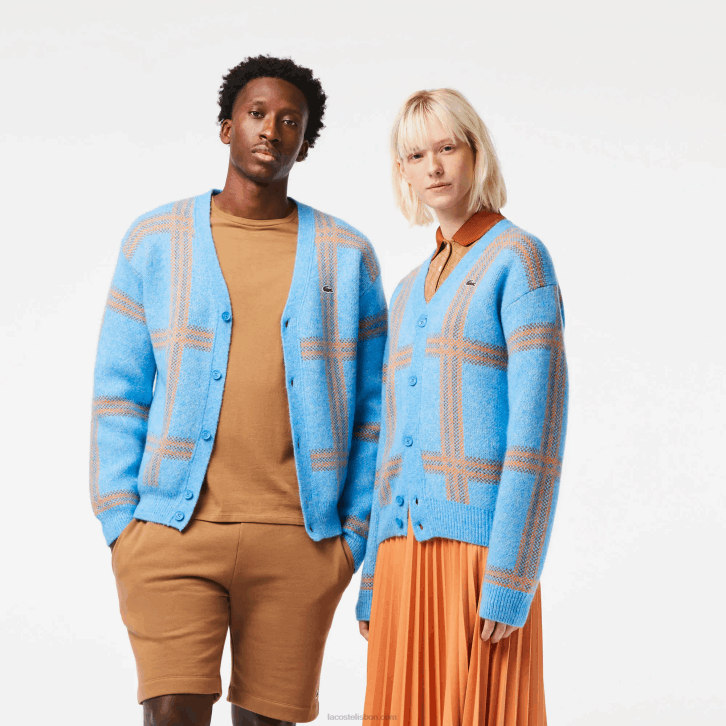 mulheres Lacoste azul laranja marrom 7cz cardigã de lã padrão tartan 08D01394