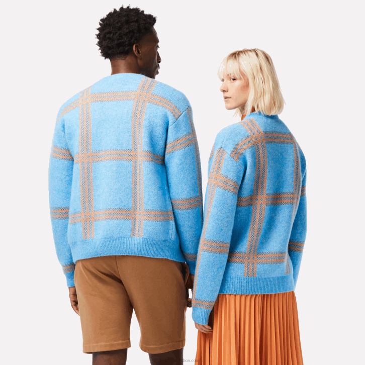 mulheres Lacoste azul laranja marrom 7cz cardigã de lã padrão tartan 08D01394