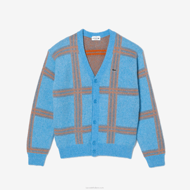mulheres Lacoste azul laranja marrom 7cz cardigã de lã padrão tartan 08D01394