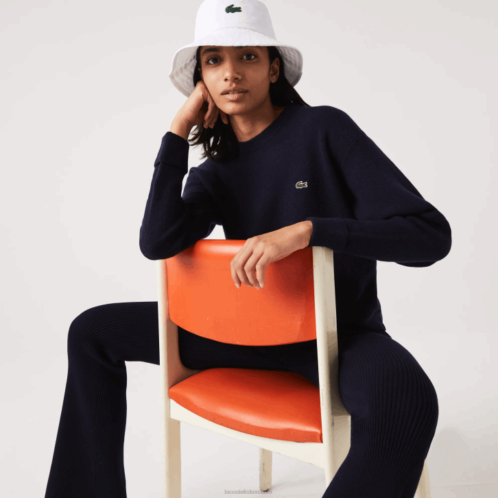 mulheres Lacoste azul marinho 166 camisola de lã gola redonda 08D02639
