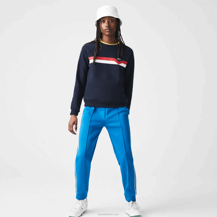 mulheres Lacoste azul marinho branco vermelho tre feito na frança suéter de algodão orgânico colorblock 08D02607