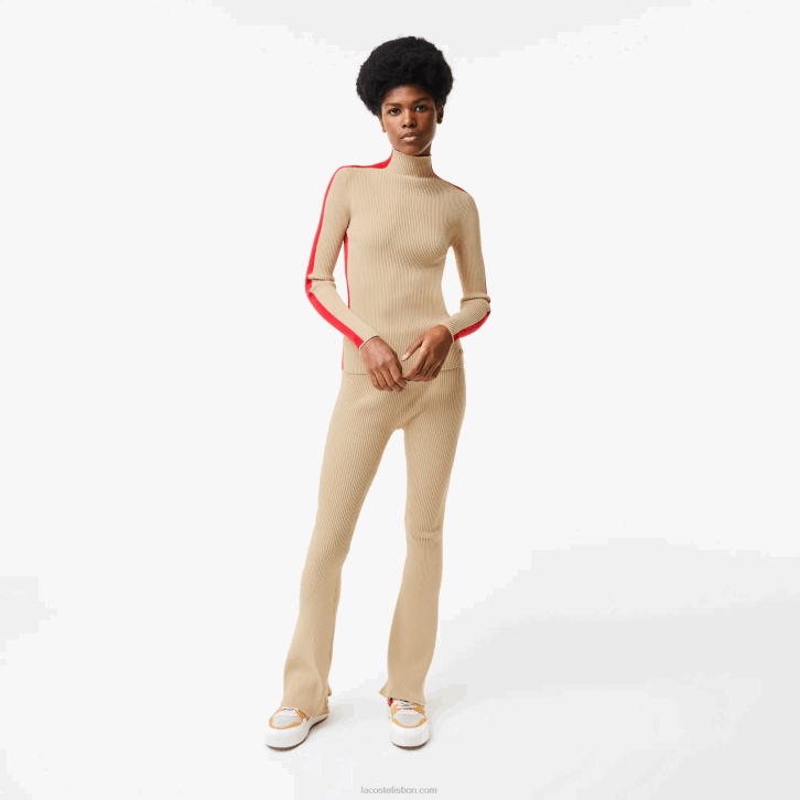 mulheres Lacoste bege vermelho vsc suéter sem costura de bandas de contraste 08D02657