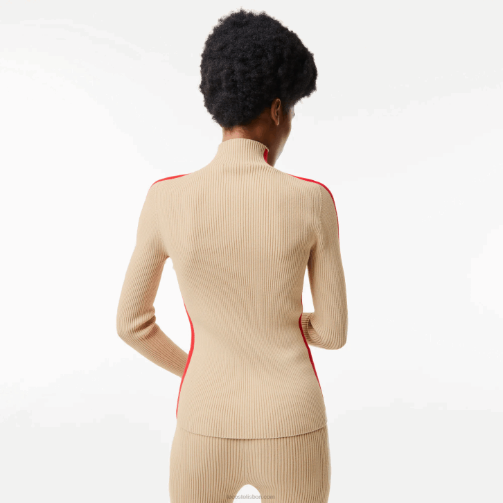 mulheres Lacoste bege vermelho vsc suéter sem costura de bandas de contraste 08D02657