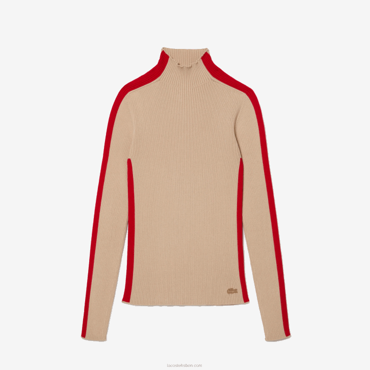 mulheres Lacoste bege vermelho vsc suéter sem costura de bandas de contraste 08D02657